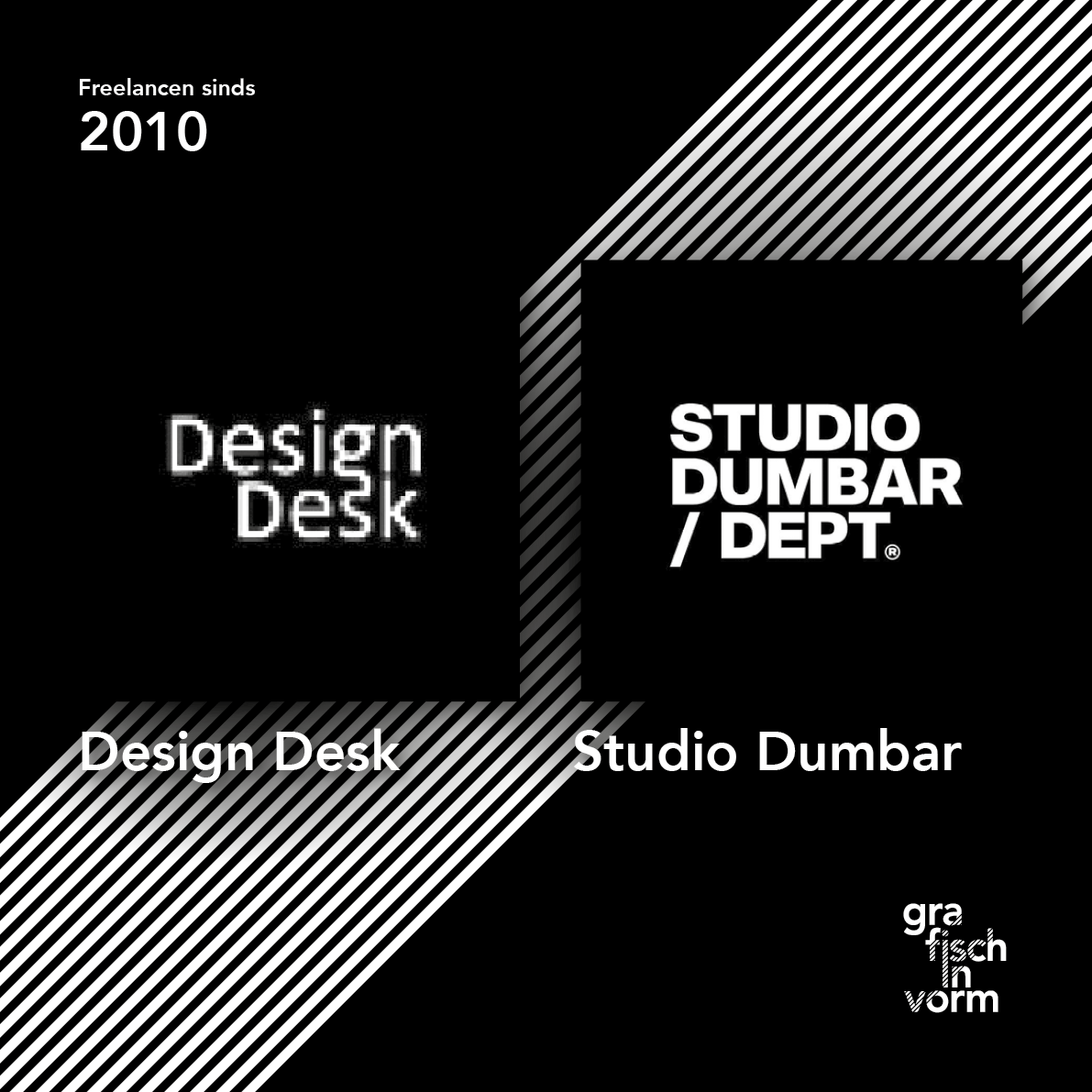 Zwart-wit ontwerp met de titels "Design Desk" en "Studio Dumbar / Dept.", diagonale lijnen en het jaartal 2010.