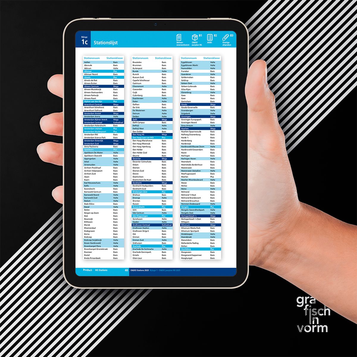Persoon houdt een tablet vast met daarop een blauw-witte referentiekaart tegen een zwart-wit gestreepte achtergrond.