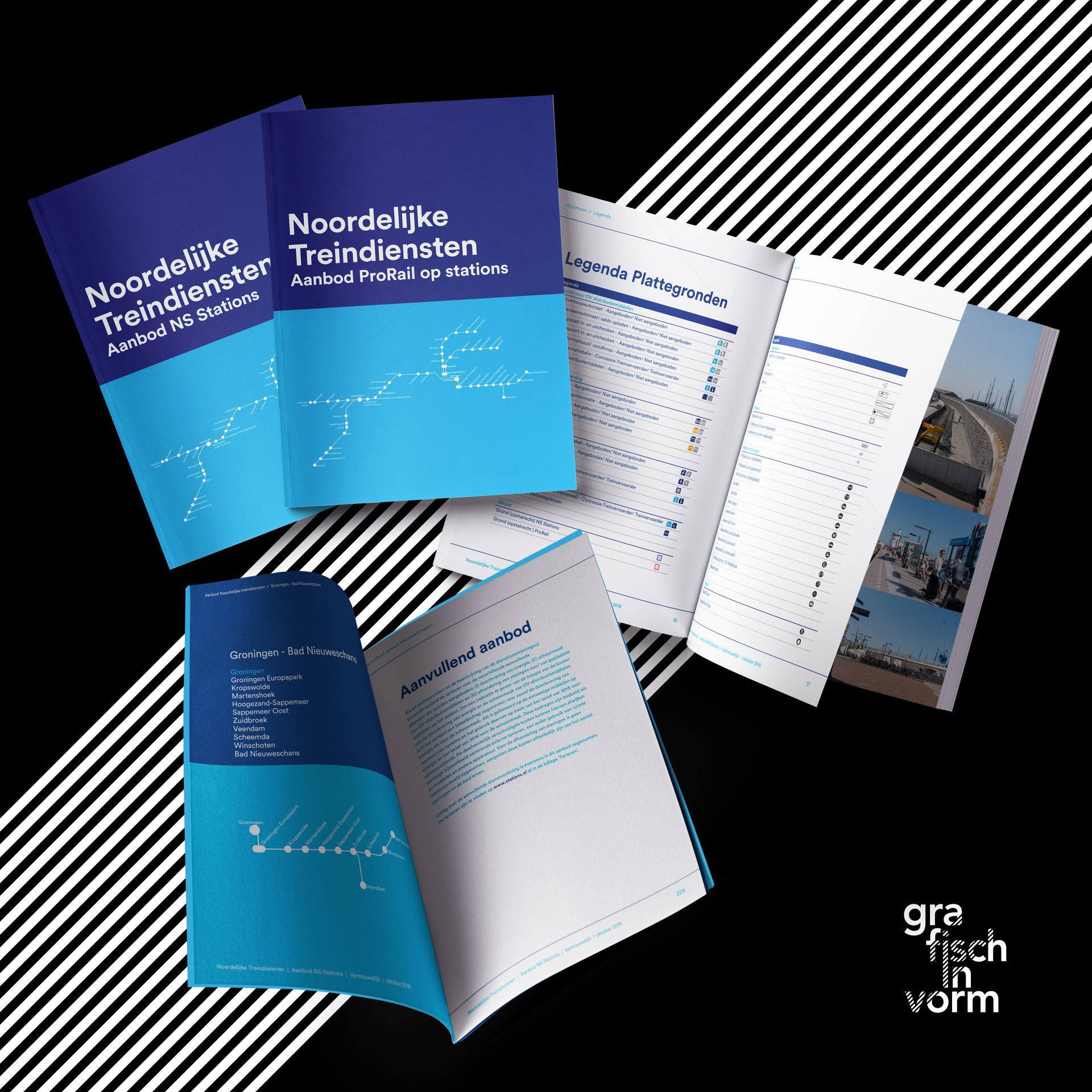 Collage van blauw-witte gedrukte brochures en open boekjes, weergegeven op een zwarte achtergrond.