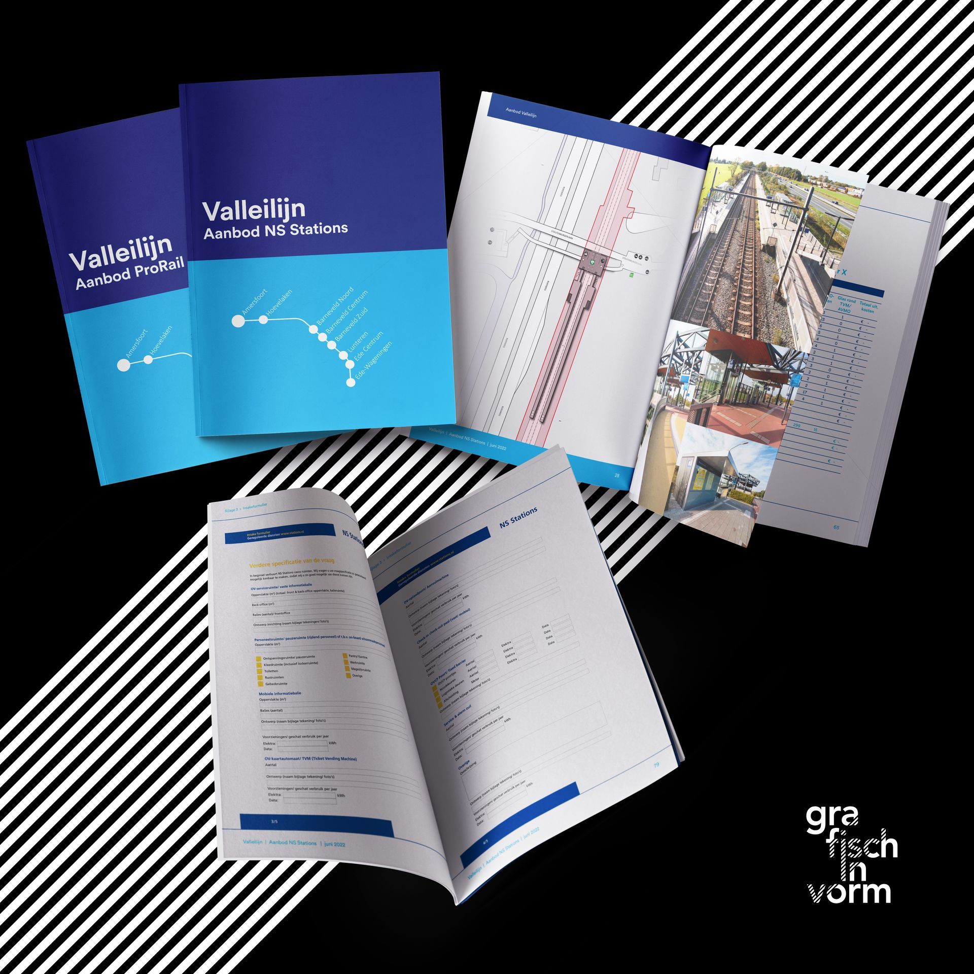 Diverse blauw-witte brochure- en boekjesontwerpen op een gestreepte achtergrond, met verschillende pagina-indelingen.