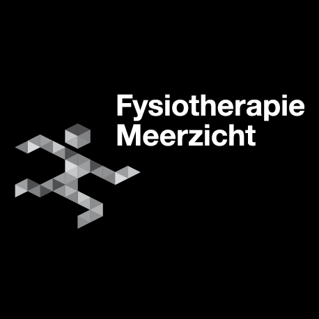 Logo voor Fysiotherapie Meerzicht. Een geometrische figuur van een rennende persoon. Witte tekst op een zwarte achtergrond.