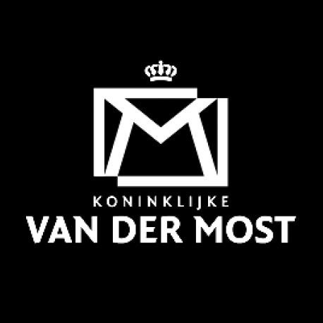 Logo voor Koninklijke Van der Most: wit envelop-achtig ontwerp met kroon, zwarte achtergrond.