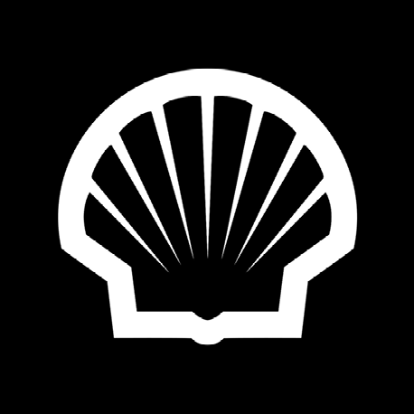 Schelplogo: witte schelpvorm op een zwarte achtergrond.