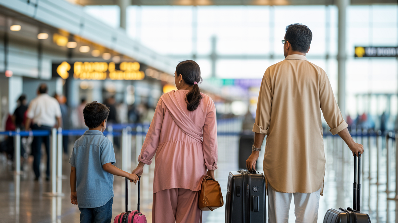 South Asian family with children and hand luggage at an airport departure terminal, looking toward departure gates in warm terminal lighting