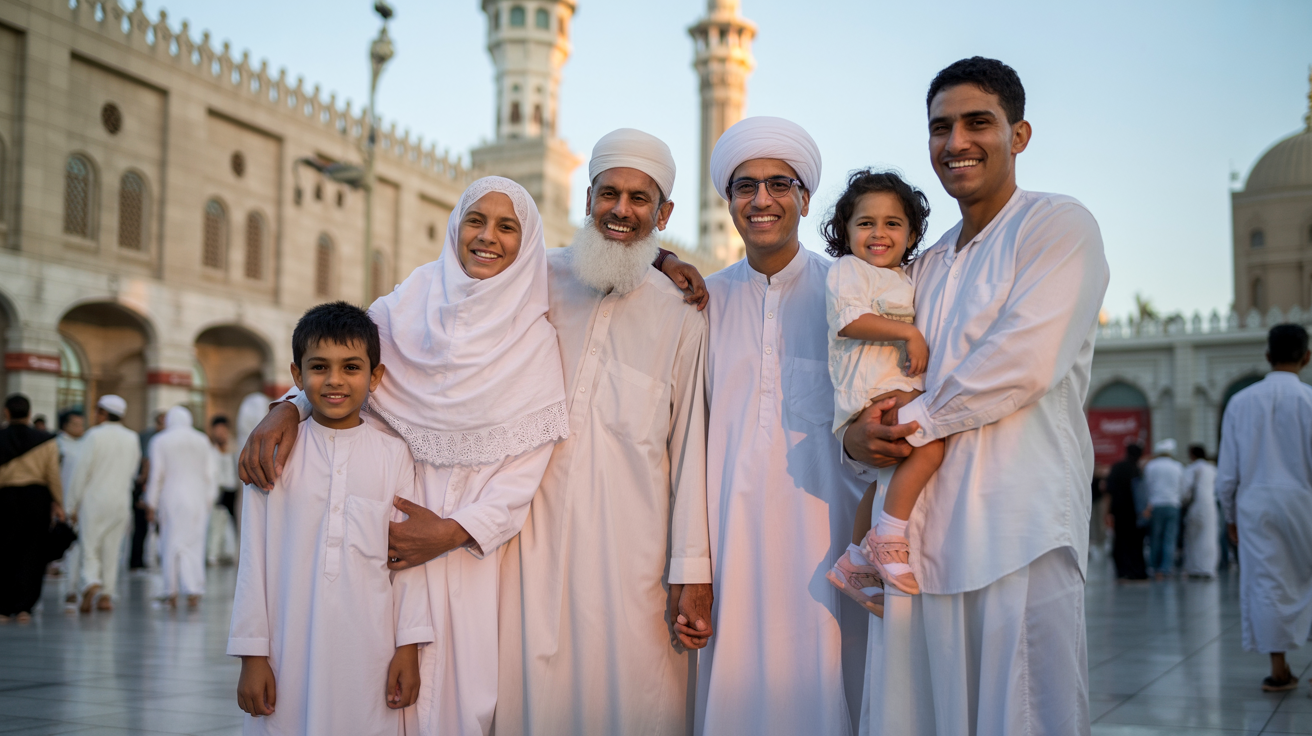 Three generation South Asian Muslim family including elderly grandparents, parents and young children in white Ihram standing together outside Masjid al-Haram in the evening light