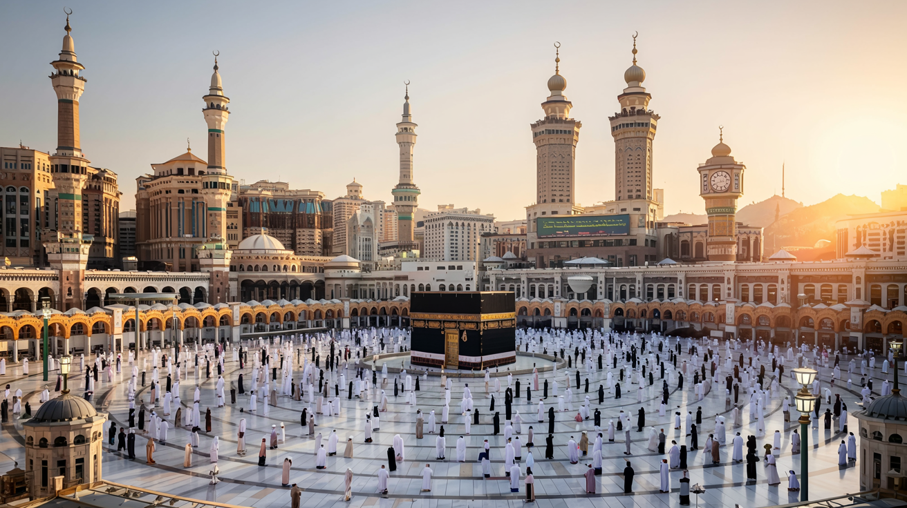 Aerial view of Masjid al-Haram in Mecca at golden hour with thousands of pilgrims in white circling the Kaaba during Umrah.