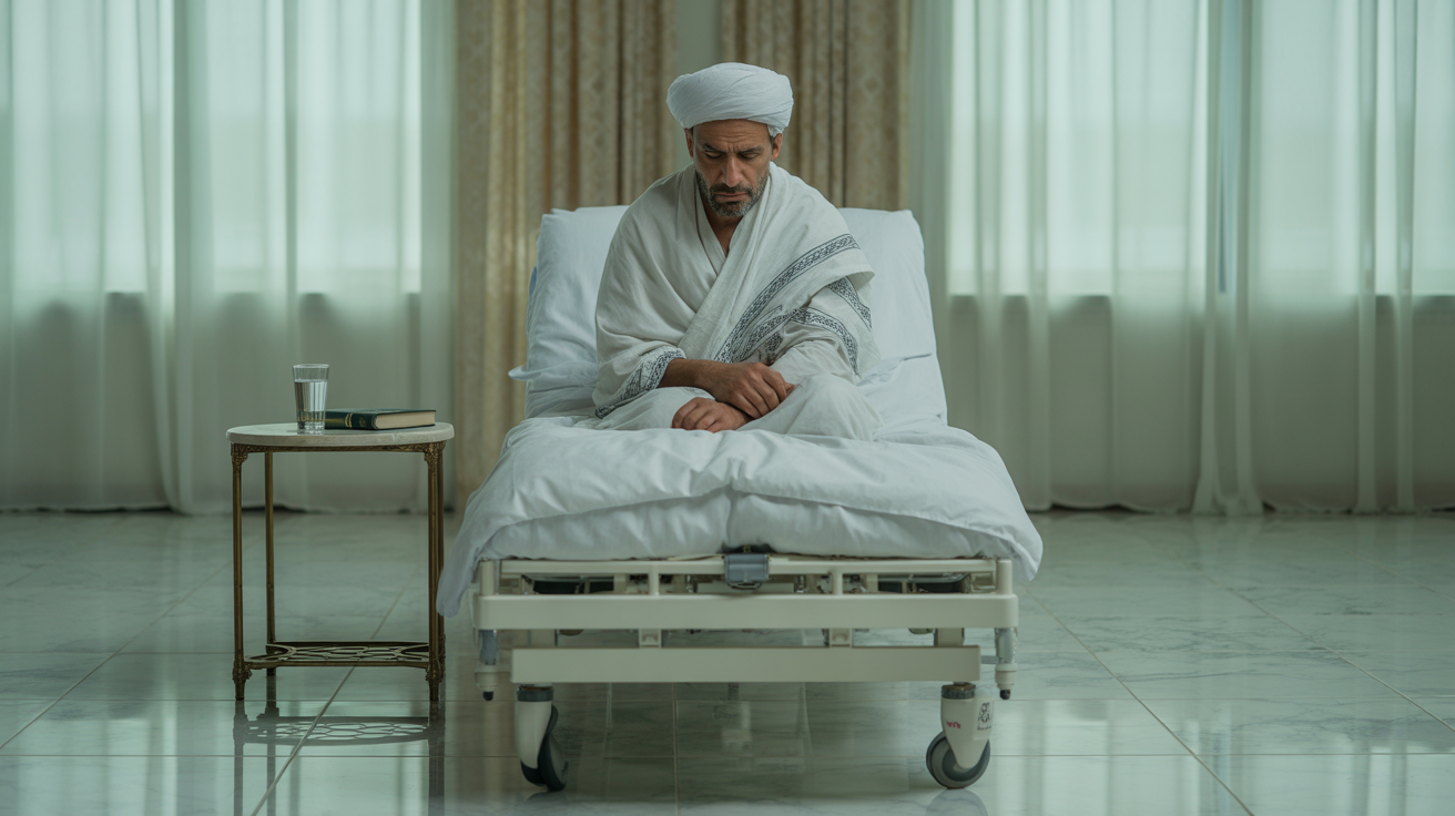 Unwell pilgrim in Saudi Arabia hospital bed wearing Ihram illustrating importance of Umrah vaccines for Luton traveller.