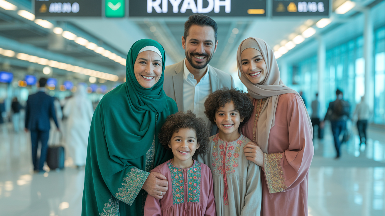 Luton Muslim family travelling for Umrah at airport with Riyadh sign visible children wearing traditional clothing ready for Saudi Arabia pilgrimage.