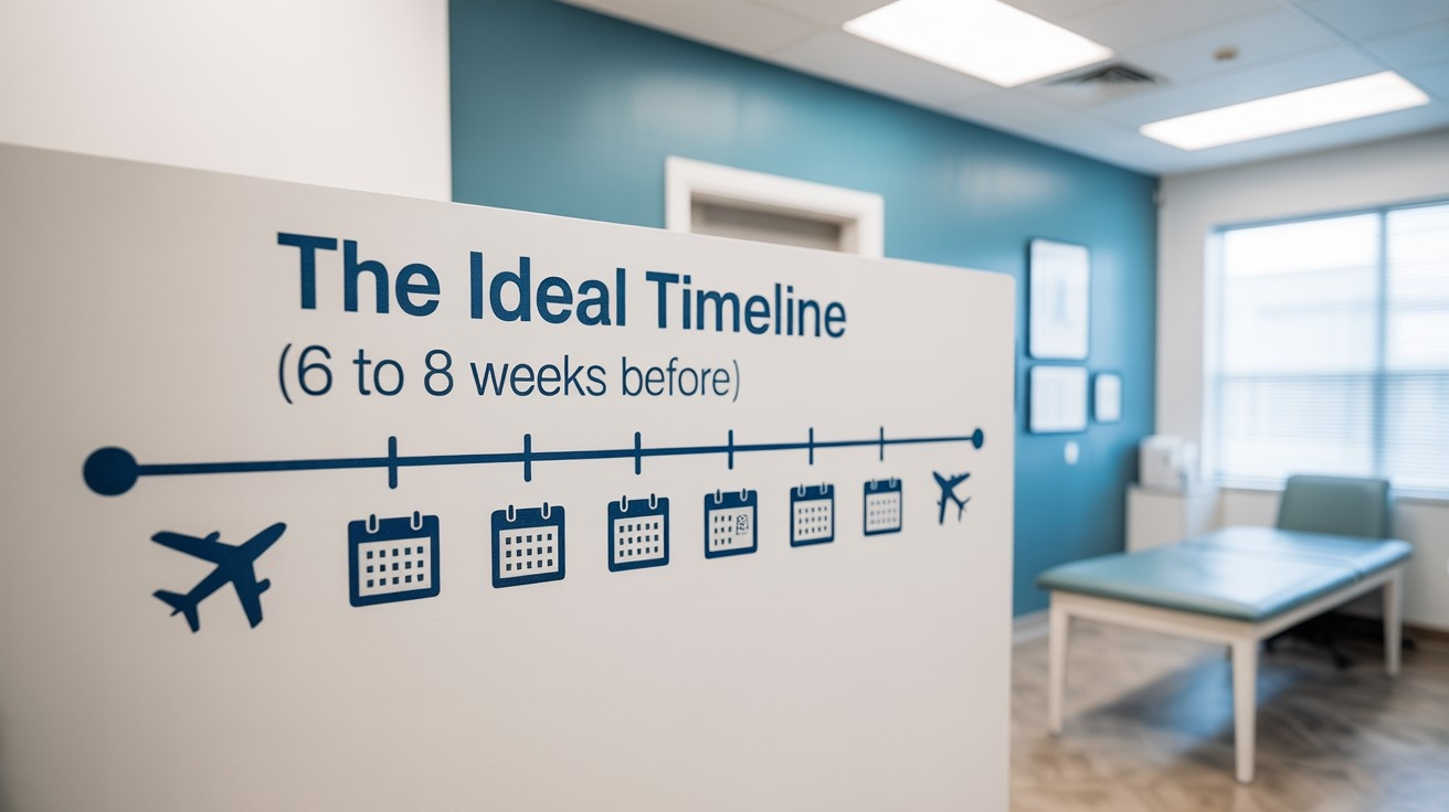 Umrah vaccine timeline infographic 6-8 weeks before travel Luton pharmacy consultation room ideal vaccination schedule for Saudi Arabia.