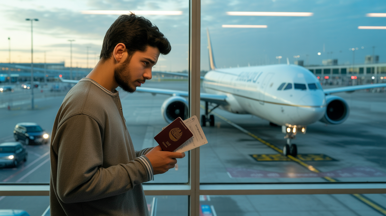 Traveller checking passport and vaccination documents at airport before Umrah flight common mistake avoided by Luton pilgrim.