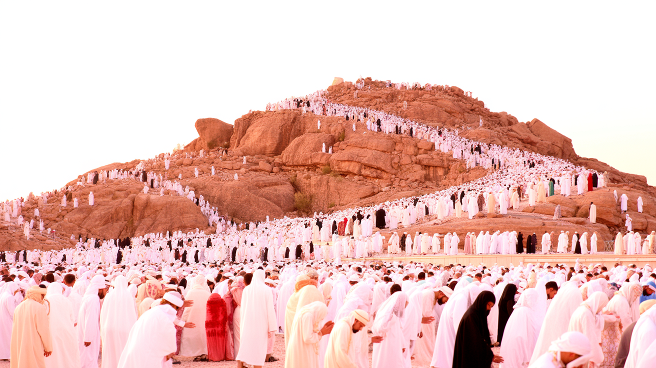 Umrah pilgrims at Mount Arafat during Hajj wearing Ihram thousands gathered for Day of Arafat Saudi Arabia pilgrimage.