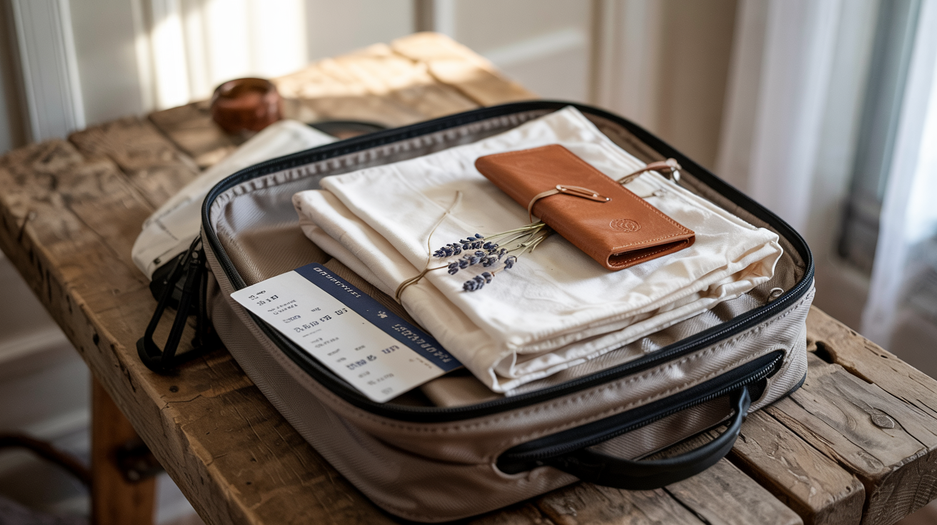 Close-up of a partially open carry-on bag containing folded white Ihram cloth, travel wallet and boarding pass on a wooden surface.