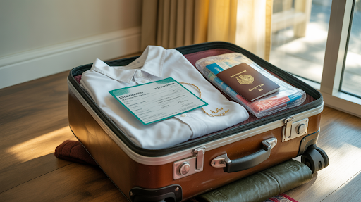 Umrah packing with Ihram clothes vaccination certificate passport in suitcase ready for Saudi Arabia travel from Luton.