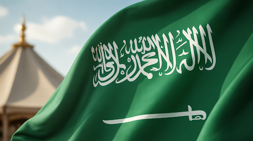 Saudi Arabia flag with mosque dome in background Umrah pilgrimage destination for Luton travellers requiring vaccination.
