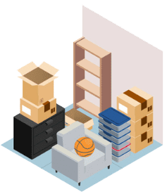 Isometric view of a storage unit filled with boxes, a bookshelf, drawers, a chair, and a basketball.