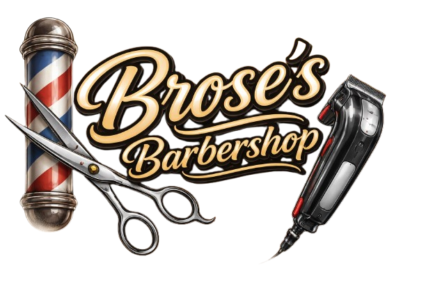 Brose’s Barbershop logo with barber pole, scissors, and electric trimmer on white background