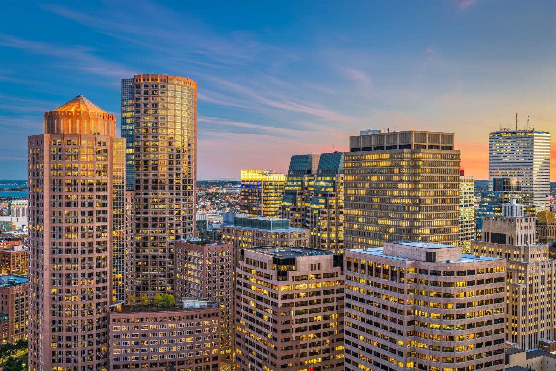 An aerial view of a city skyline at night.