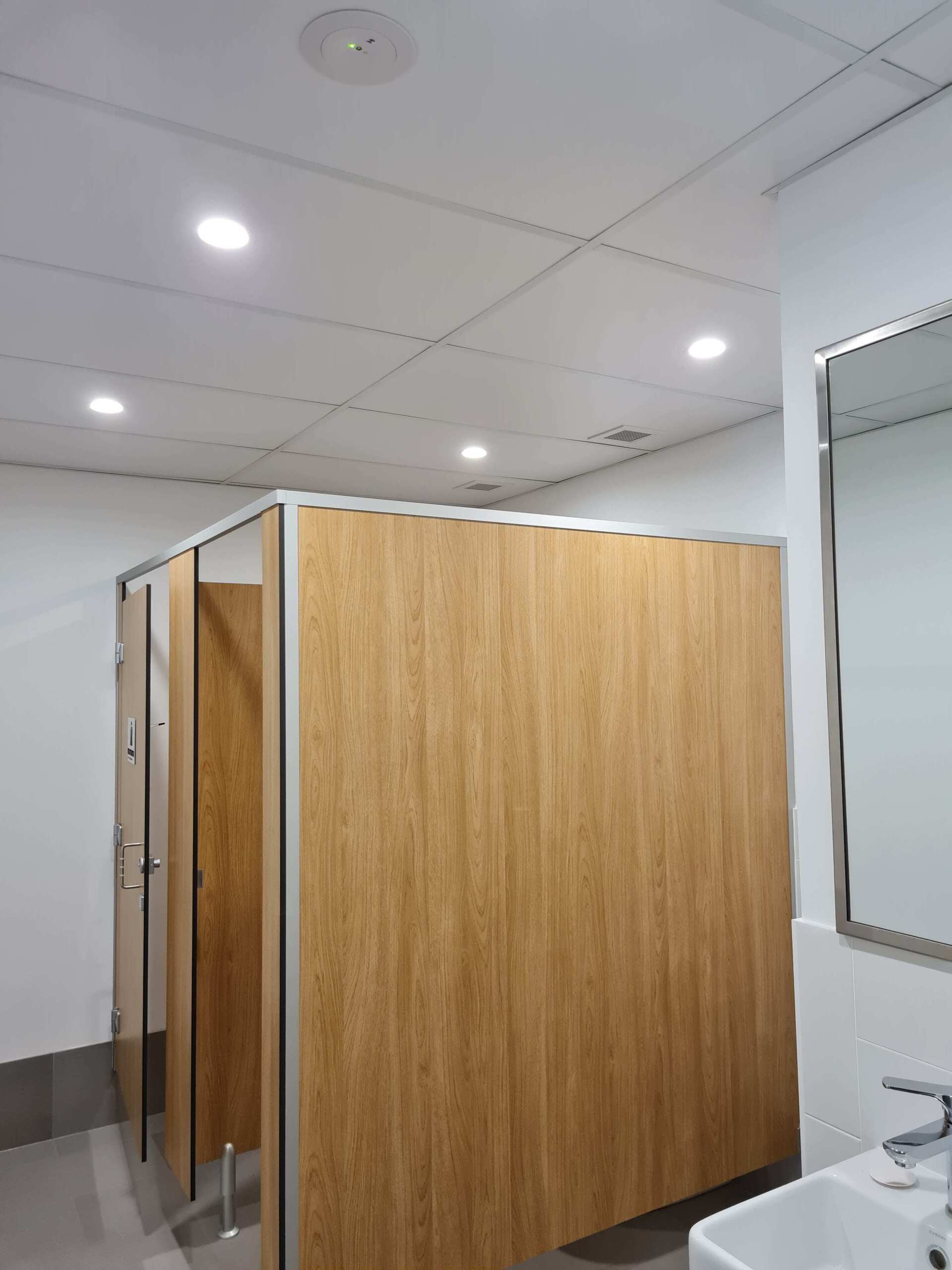 A bathroom with wooden dividers and a sink.