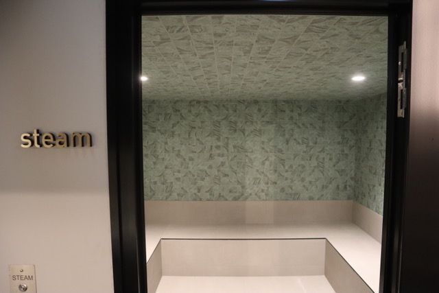 A view of a steam room through a glass door.