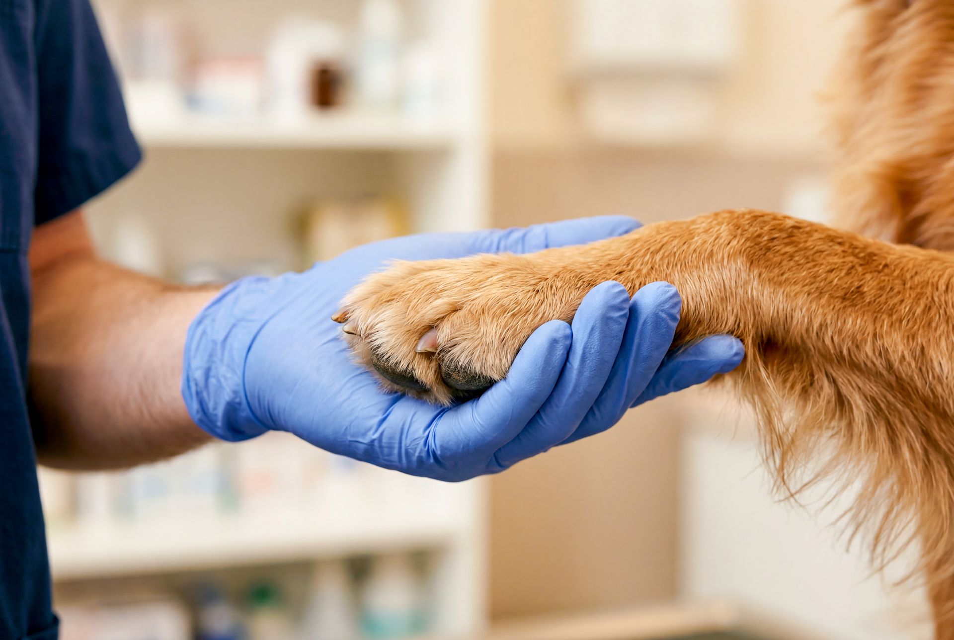 Vet in blue gloves holding a dog’s paw during an exam