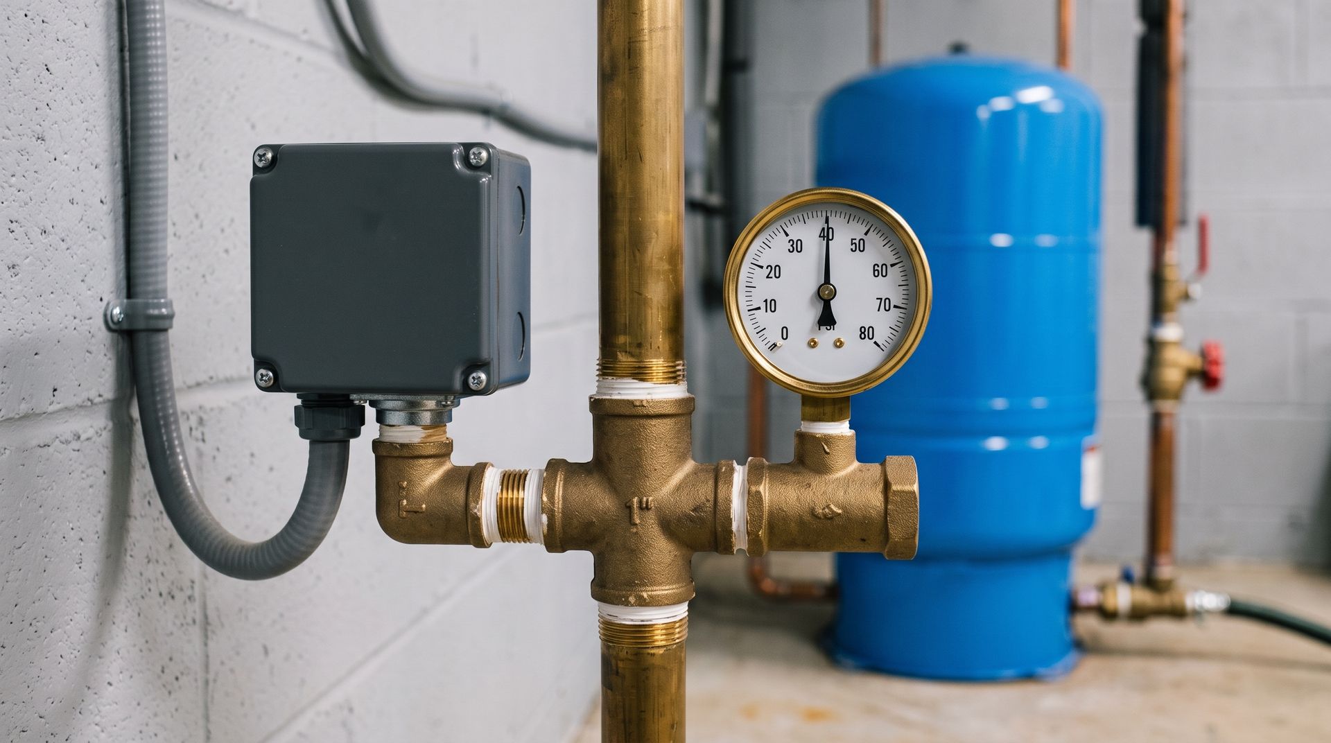 Water pump installation setup with blue pressure tank, brass pressure gauge, and switch box