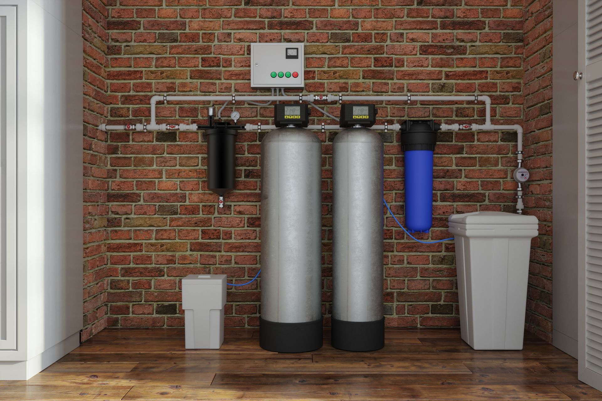 Front view of a residential water filtration system. Front view of a residential water filtration system.