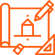 Orange line icon of a presentation board with a chart and pen, on a white background