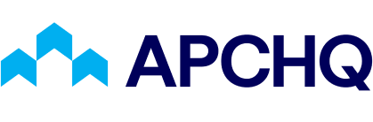 Le logo d'apchq est bleu et blanc avec une flèche bleue.