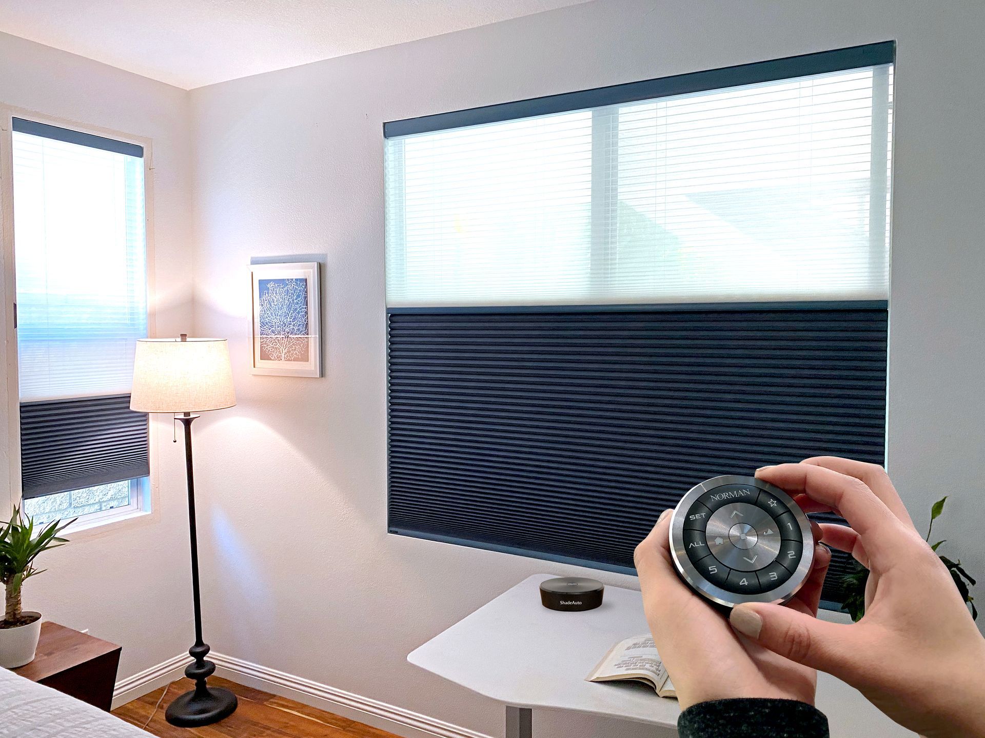 Woman looking out window, holding a remote. Dark roller shades, light-colored blouse. Interior setting.