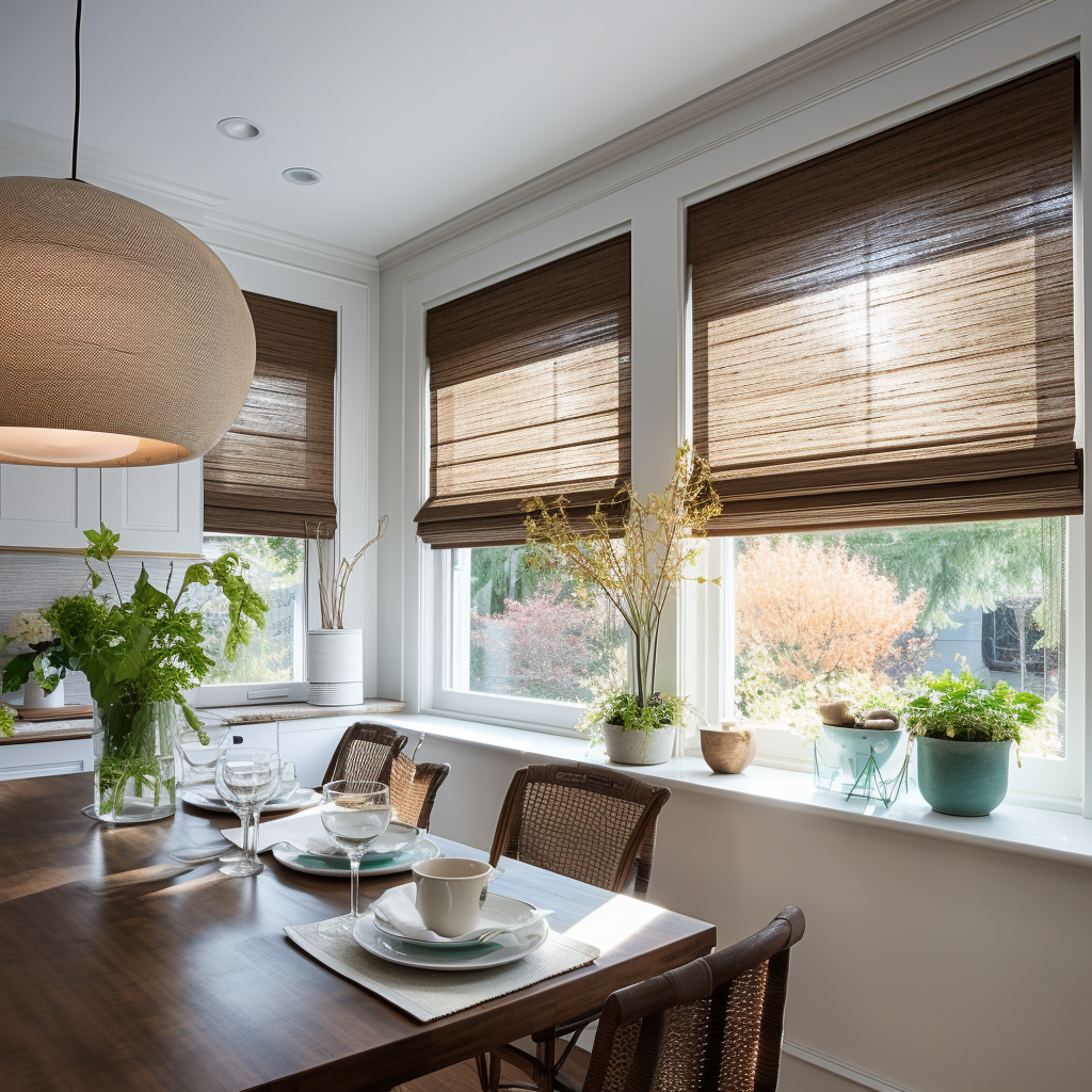 Dining room with dark wood table, woven chairs, and brown shades over windows overlooking a garden.