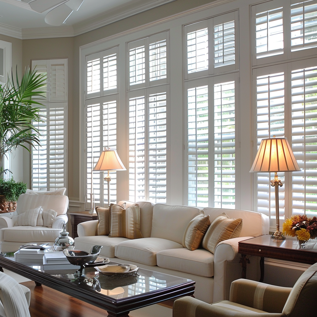 Living room with white shutters, cream sofa, and two lamps.