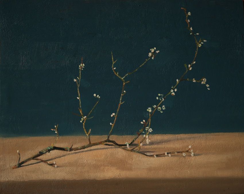 Blackthorn branch in blossom, a painting by Conrad Frankel, part of the artist's solo show Spring Opens Forever In Eternity at Olivier Cornet Gallery, Dublin