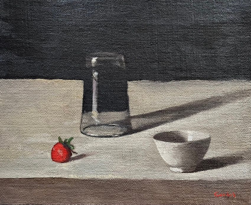 Conrad Frankel's painting French glass, tea bowl and strawberry, part of the artist's May-June 2026 solo show at the Olivier Cornet Gallery, Dublin