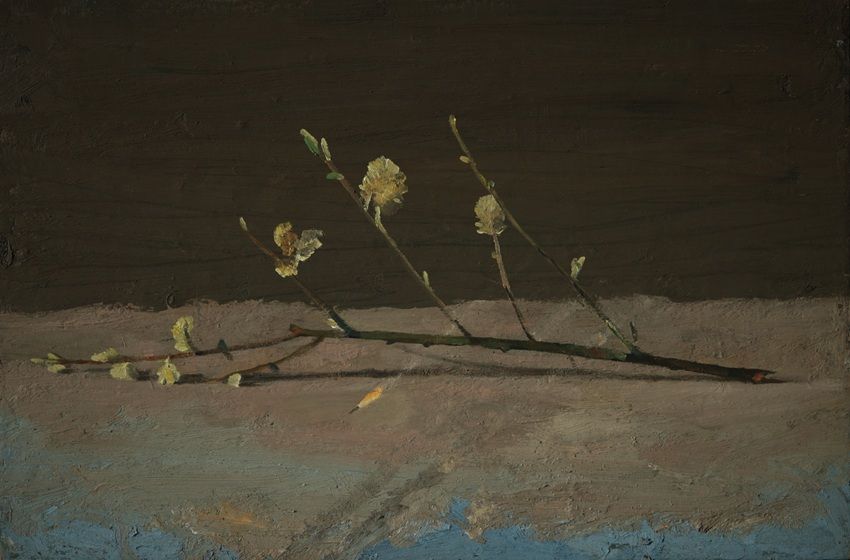 Pussywillow with missile, a painting by Conrad Frankel, part of the artist's solo show Spring Opens Forever In Eternity at Olivier Cornet Gallery, Dublin