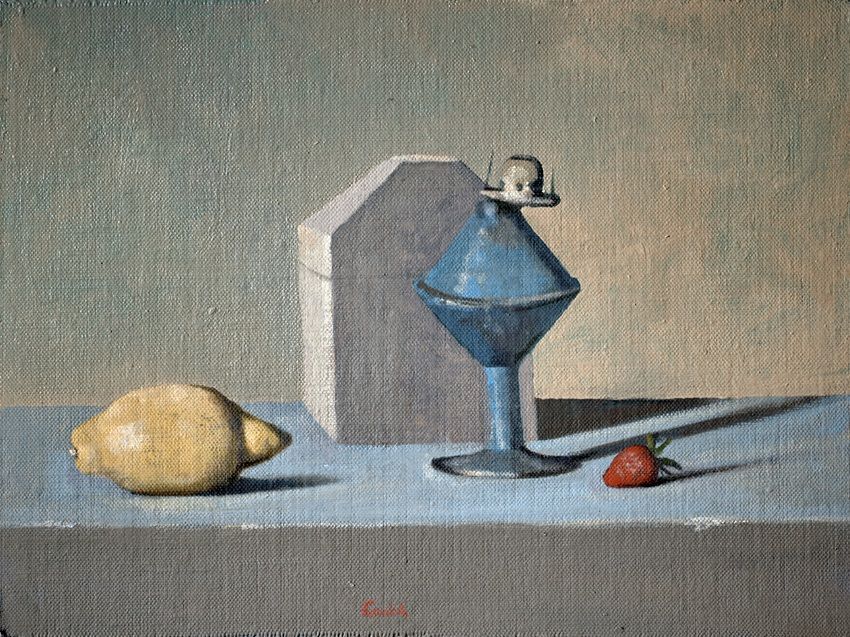 Conrad Frankel's painting Roman lamp with butterchurch and fruit, part of the artist's May-June 2026 solo show at the Olivier Cornet Gallery, Dublin