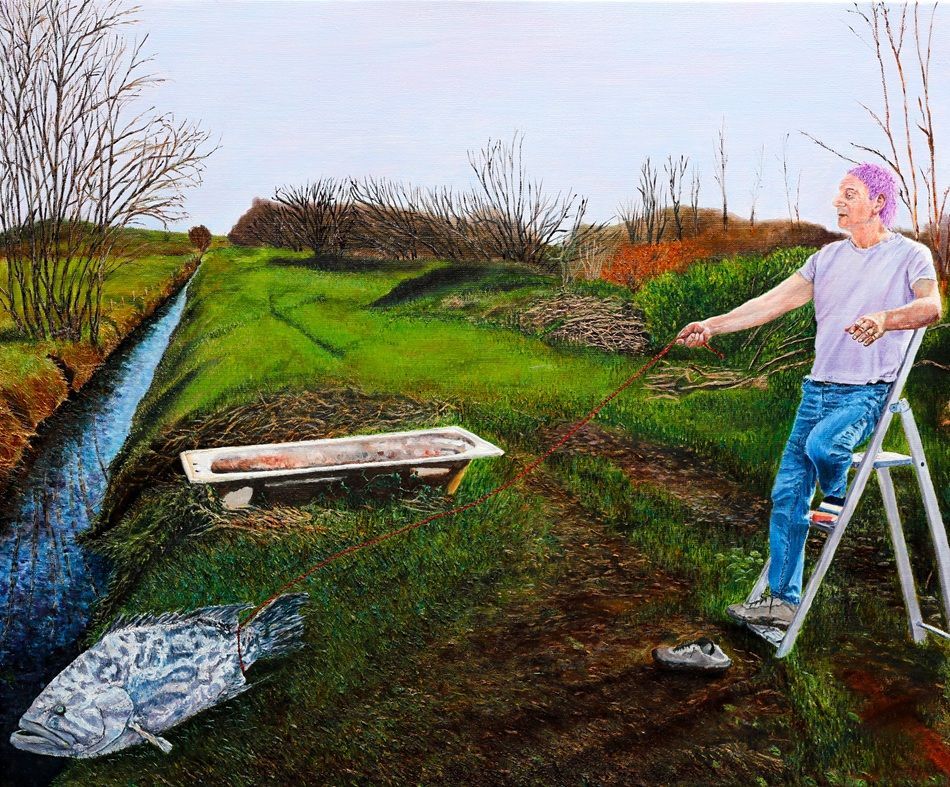 Self Portrait with a Pet and a Bathtub, a painting by Daniel Lipstein, part of the artist's solo show Self Portrait with a Pet and a Bathtub, Olivier Cornet Gallery, Dublin