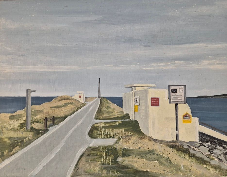 The Bathing Shelters, a painting by David Fox, part of the Olivier Cornet Gallery's 2025 Bloomsday / Summer group exhibition Out of Lines