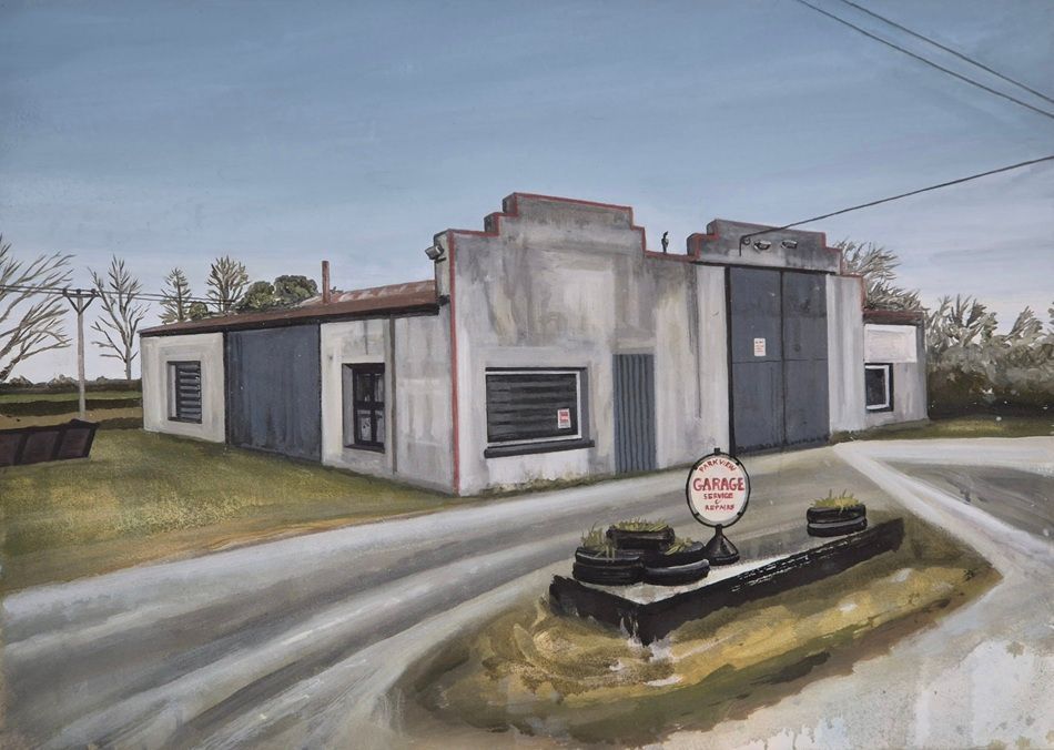 Parkview Garage, a painting by David Fox, part of the 2026 Bloomsday / Summer group show at the Olivier Cornet Gallery, Dublin
