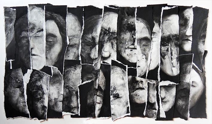 Eoin Mac Lochlainn, Genocide, a mixed media collage, part of Contrasts, a winter group show at Olivier Cornet Gallery Dublin.