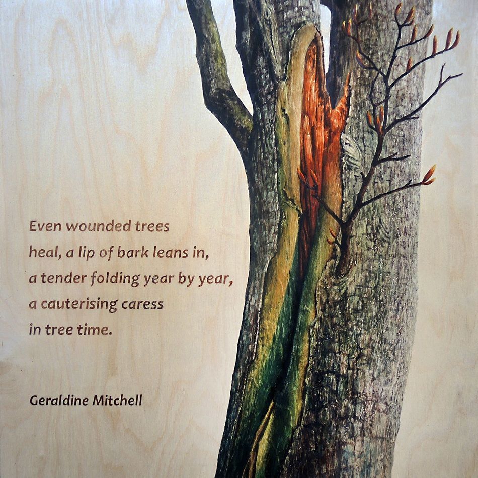 Slánú/ woundwood, a painting by Eoin Mac Lochlainn (with Geraldine Mitchell), part of the 2026 Bloomsday / Summer group show at the Olivier Cornet Gallery, Dublin