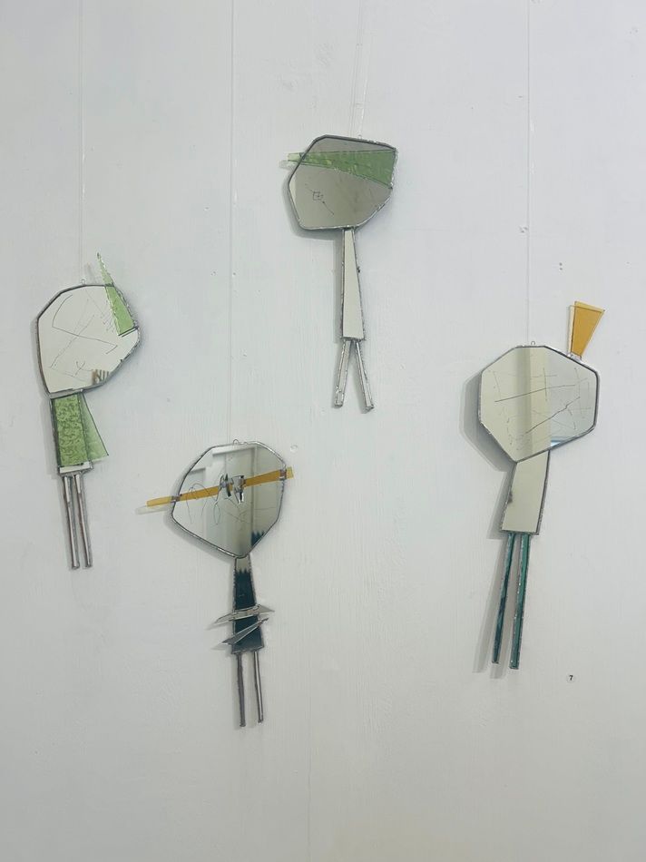 Flappers no. 1 to no. 4, a series of cut stained-glass and mirror works by Kelly Ratchford, part of the Olivier Cornet Gallery's 2025 Bloomsday / Summer group exhibition Out of Lines
