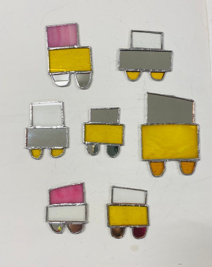 Kelly Ratchford, The Gary Numans, a series of small works in stained glass, part of Contrasts, a winter group show at Olivier Cornet Gallery Dublin.