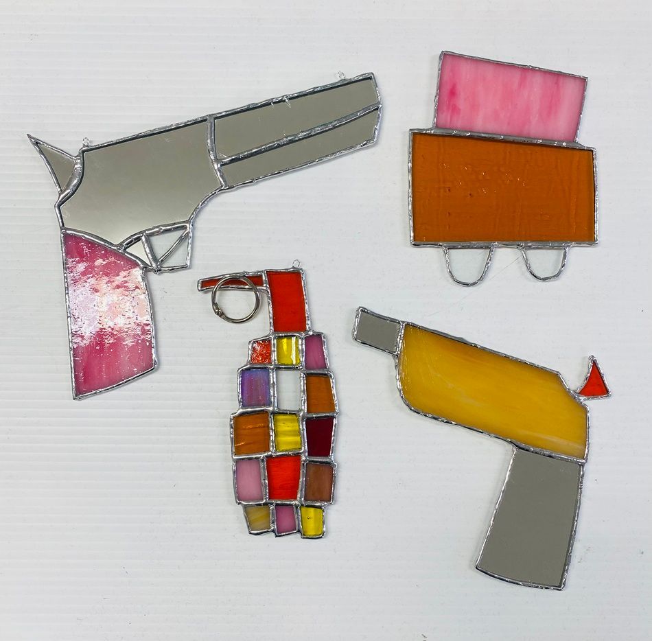 Ensemble, a series of stain glass pieces by Kelly Ratchford in response to Willie Doherty's two works 'Incident' and 'Border Incident', part of Olivier Cornet Gallery's group show 'Ode to Giants', launching during Dublin Gallery Weekend 2025.