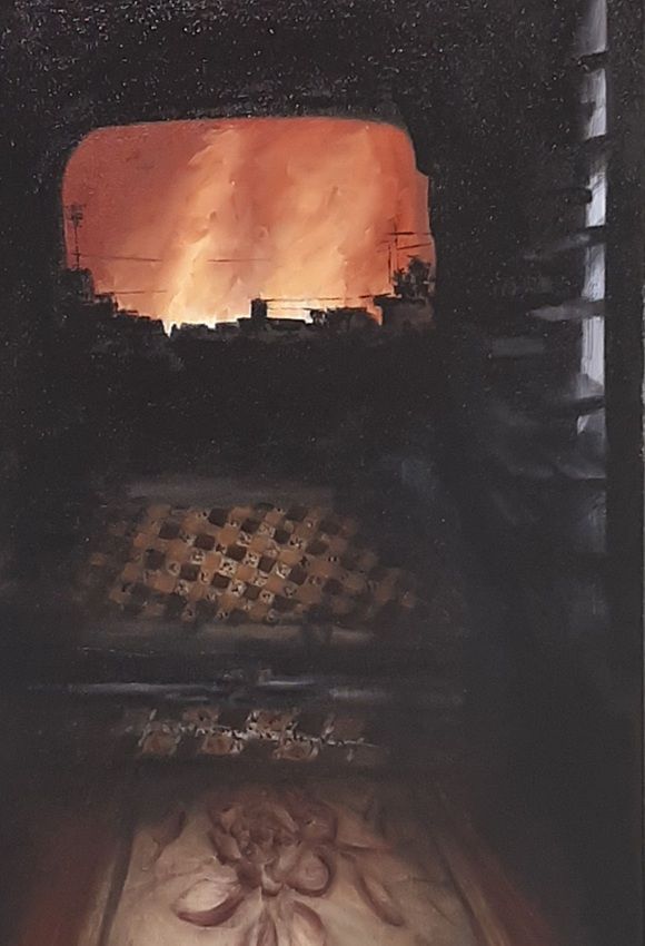 Blood Red Sky, a painting by Miriam McConnon, part of the artist's solo show No Mirrors Left in Gaza, Olivier Cornet Gallery, August-September 2026
