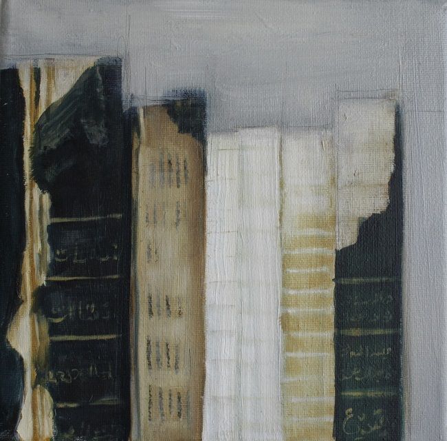 Miriam McConnon, Broken Spines - Ali's Story, oil painting on canvas, 20x20cm, The Refugee's Armour art exhibition, Olivier Cornet Gallery Dublin