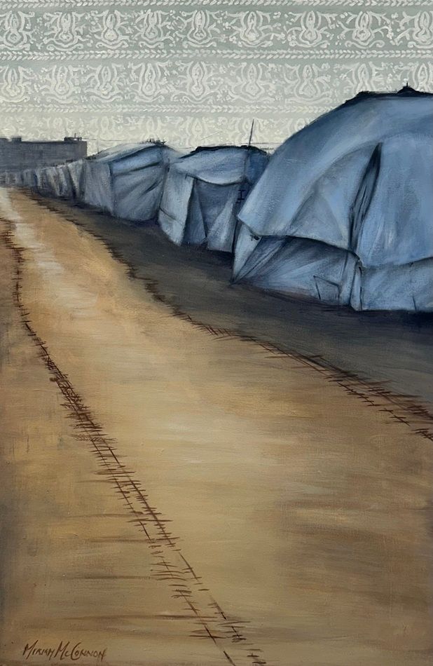 The Fabric of Survival, a painting by Miriam McConnon, part of the artist's solo show No Mirrors Left in Gaza, Olivier Cornet Gallery, August-September 2026