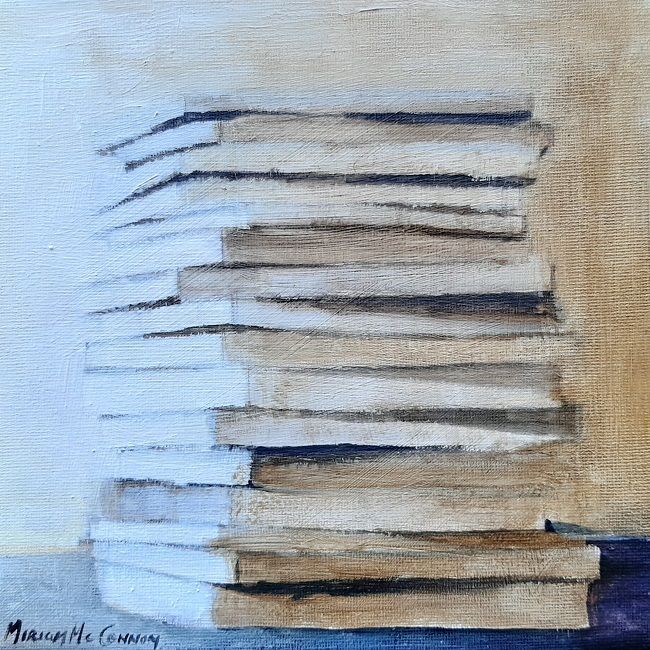 Miriam McConnon, Faded books - Ali's Story, oil painting on canvas, 20x20cm, The Refugee's Armour art exhibition, Olivier Cornet Gallery Dublin