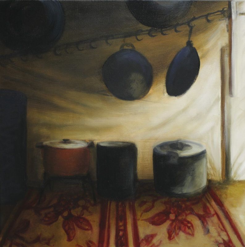 The Last Pots and Pans, a painting by Miriam McConnon, part of the artist's solo show No Mirrors Left in Gaza, Olivier Cornet Gallery, August-September 2026