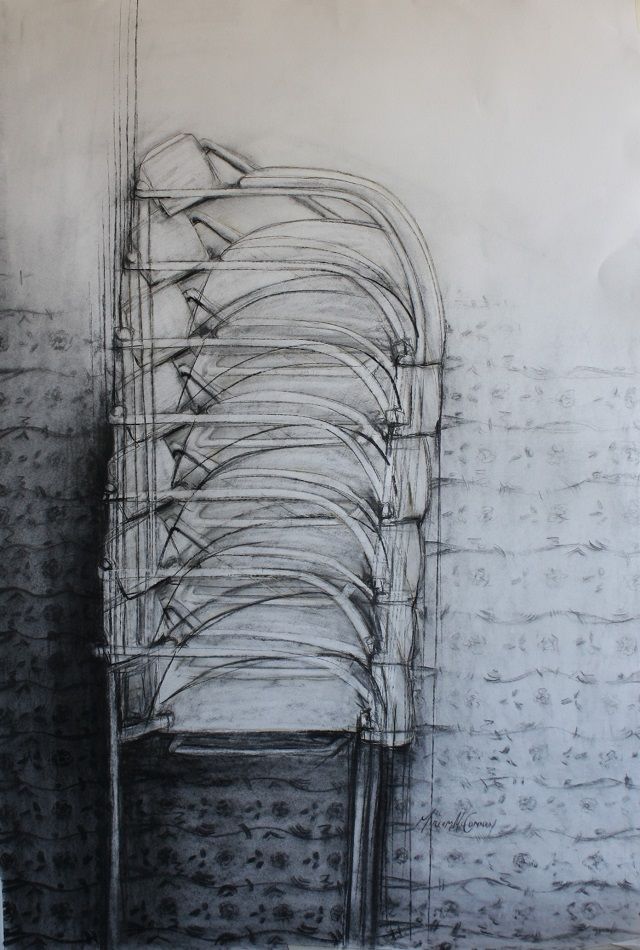Non Conforming Chairs - after Eileen Gray, a charcoal drawing by Miriam McConnon, in response to Elieen Gray's Non conformist Chair, part of Olivier Cornet Gallery's group show 'Ode to Giants', launching during Dublin Gallery Weekend 2025.