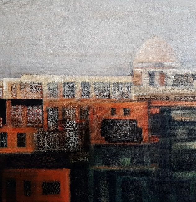 Miriam McConnon, Remains of Daraa, oil painting on canvas, 50x50cm, The Refugee's Armour art exhibition, Olivier Cornet Gallery Dublin